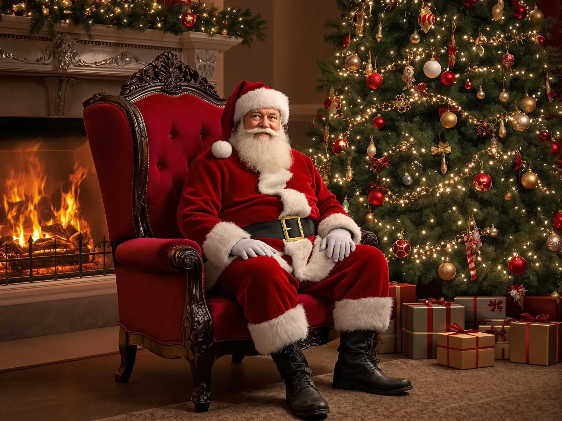 Santa Claus in his magical workshop at the North Pole preparing personalized Christmas videos